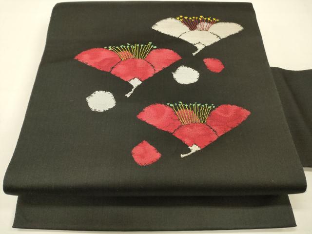 平和屋着物◎八寸名古屋帯　舞花文　黒地　金糸　正絹　逸品　DAAK5633re