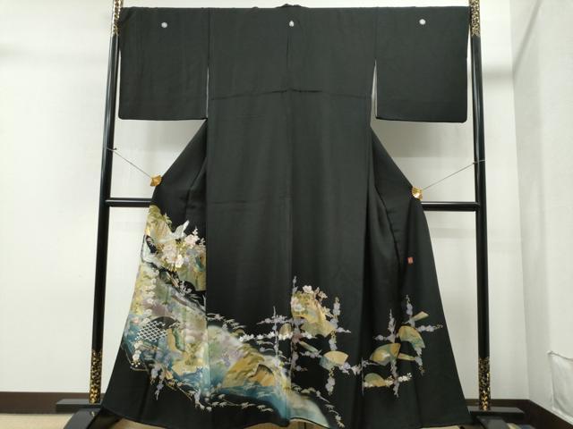 平和屋着物■豪華黒留袖　作家物　地紙飛鶴扇吉祥花文　暈し染め　金彩　正絹　逸品　CAAK6478yc