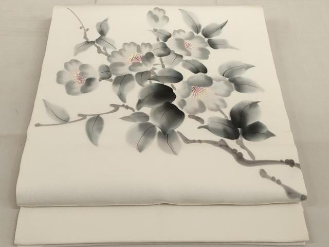 平和屋着物◎塩瀬　九寸開き名古屋帯　作家物　手描き　草花文　正絹　逸品　AAAL3923tm