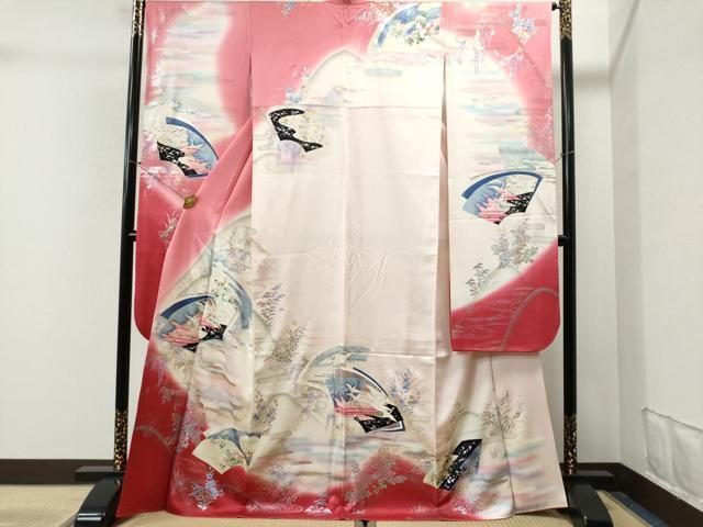 平和屋着物■豪華振袖　地紙重ね飛鶴草花文　暈し染め　金彩　正絹　逸品　CAAK6384yc