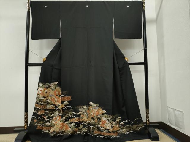 平和屋着物■豪華黒留袖　駒刺繍　檜扇几帳貝桶芝草花文　金彩　正絹　逸品　CAAK6293yc