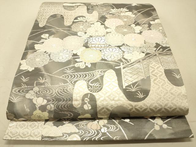 平和屋着物◎西陣　服部織物謹製　六通柄袋帯　こはく錦　手工芸　流水花文　金銀糸　正絹　逸品　DAAK2273zy