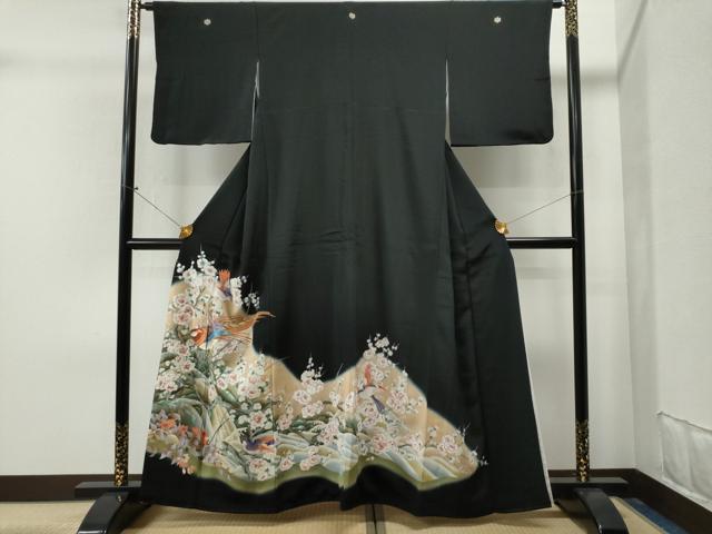 平和屋着物■豪華黒留袖　刺繍　尾長鳥枝花文　暈し染め　金彩　正絹　逸品　CAAK6209yc