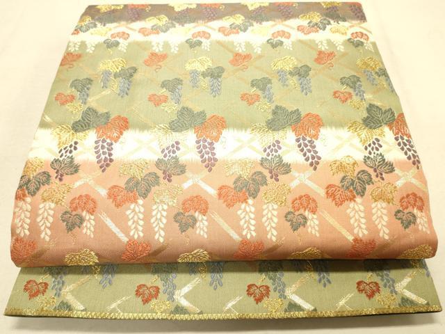 平和屋着物◎六通柄袋帯　唐織　葡萄蔦の葉文　金糸　正絹　逸品　DAAK2263zy