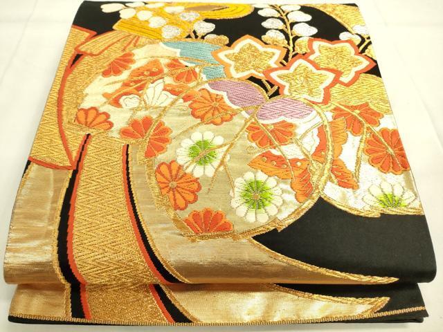 平和屋着物◎六通柄袋帯　唐織　束ね熨斗花文　黒地　金銀糸　正絹　逸品　DAAK5685re