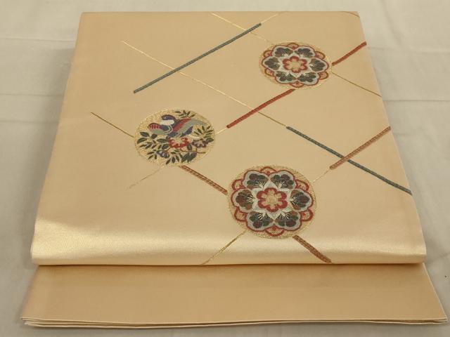 平和屋着物◎太鼓柄袋帯　刺繍　正倉院花鳥丸文　金糸　引箔　正絹　逸品　AAAN4917ou