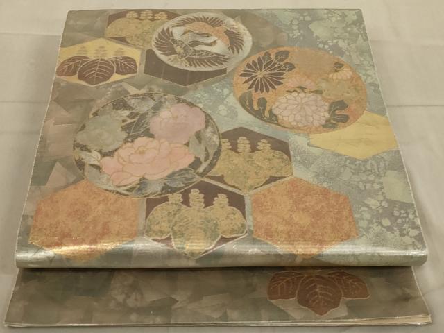 平和屋着物◎京の名門　じゅらく謹製　六通太鼓柄袋帯　花鳥丸文　螺鈿箔　ワンポイント　正絹　逸品　AAAN4919ou