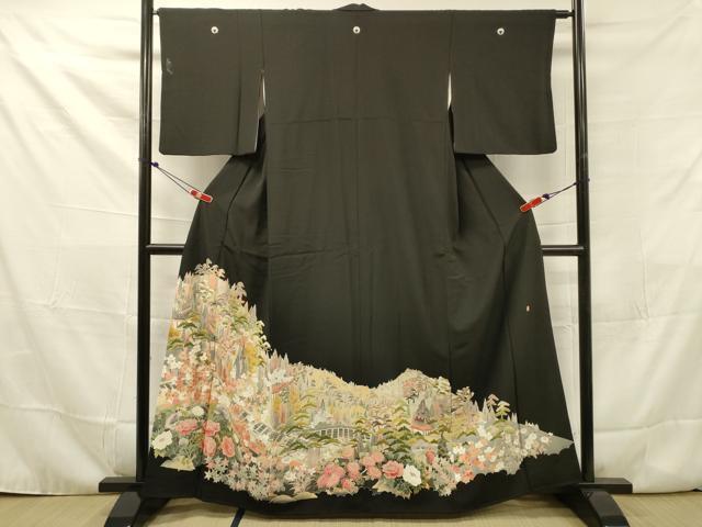 平和屋着物■豪華黒留袖　友禅　作家物　風景花松文　暈し染め　正絹　逸品　DAAJ6627fe