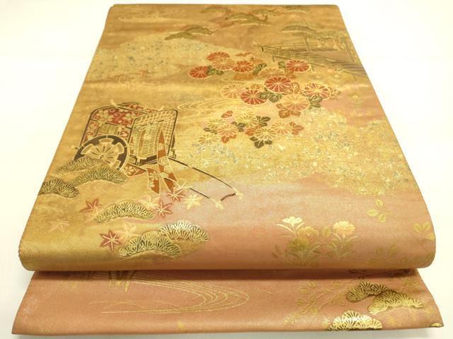 平和屋着物●漆工芸作家　金森一博　六通太鼓柄袋帯　御所車風景花文　金彩　引箔　正絹　逸品　DAAJ6760fe