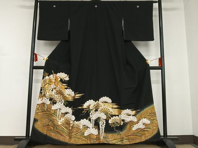 平和屋着物■豪華黒留袖　駒刺繍　鳳凰松文　暈し染め　金彩　正絹　逸品　AAAM7265oa