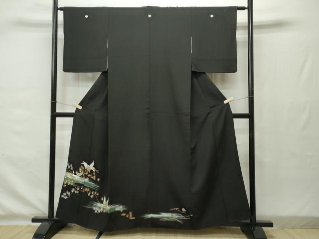 平和屋着物■豪華黒留袖　手描き　刺繍　飛鶴枝松文　暈し染め　金彩　正絹　逸品　CAAK9688gh