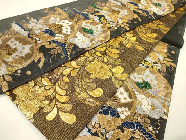 平和屋着物●両面　六通柄袋帯　花鳥丸文　金銀糸　引箔　正絹　逸品　DAAJ8695jm