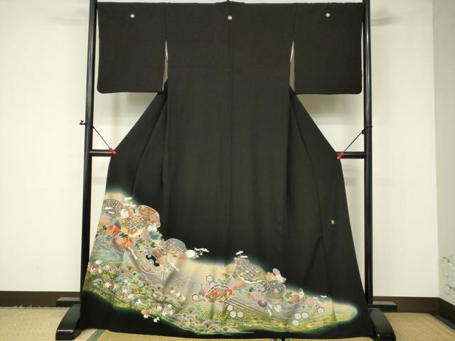 平和屋着物■豪華黒留袖　作家物　駒刺繍　宝尽くし青海波草花文　暈し染め　金彩　ロング丈　正絹　逸品　DAAJ8412cm