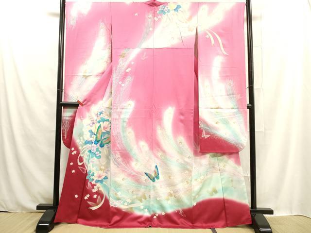平和屋着物■写真家・秋山庄太郎　豪華振袖　孔雀羽花蝶文　暈し染め　金銀彩　正絹　逸品　DAAJ8384cm