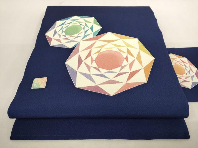 平和屋着物◎九寸名古屋帯　作家物　幾何学文様　鬼しぼ縮緬　正絹　逸品　AAAN4511pf