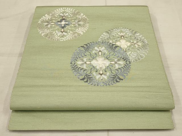 平和屋着物●八寸名古屋帯　刺繍　花唐草丸文　紬地　銀糸　正絹　逸品　AAAN8901wj