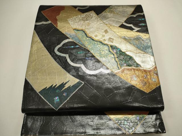 平和屋着物●六通太鼓柄袋帯　作家物　螺鈿箔　雲取り短冊文　黒地　金糸　正絹　逸品　CAAJ6003ak