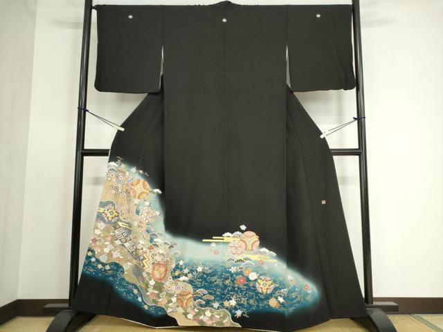 平和屋着物■豪華黒留袖　作家物　駒刺繍　吉祥花文　暈し染め　金彩　正絹　逸品　DAAI8792az