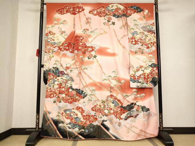 平和屋着物■豪華振袖　駒刺繍　雲取り地紙御所車花文　暈し染め　金銀彩　正絹　逸品　AAAN0231ja