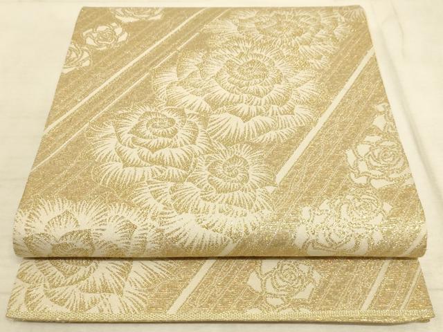 平和屋着物◎六通柄袋帯　斜縞に薔薇　金糸　正絹　逸品　AAAM3732sx