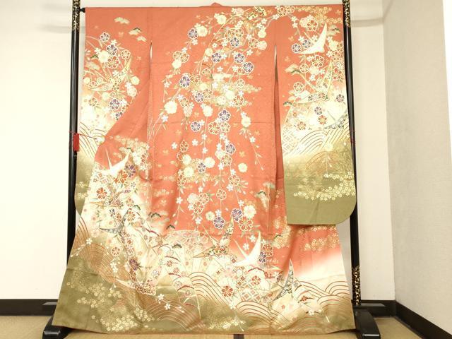 平和屋着物■豪華振袖　駒刺繍　飛鶴吉祥花文　暈し染め　金彩　正絹　逸品　AAAN5508cs