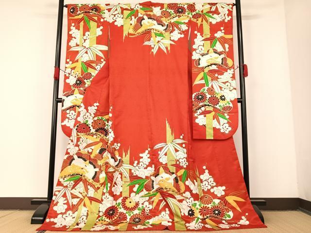 平和屋着物●お引きずり・お引き摺り・引き振袖　駒刺繍　松竹梅群れ鶴文　金彩　正絹　逸品　AAAM6825ph