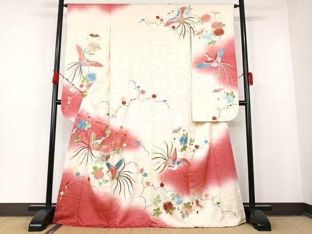 平和屋着物●豪華振袖　刺繍　花鳥文　暈し染め　正絹　逸品　AAAM6828ph