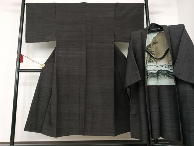 平和屋着物●男性　紬　アンサンブル　青褐色　正絹　逸品　AAAM6831ph