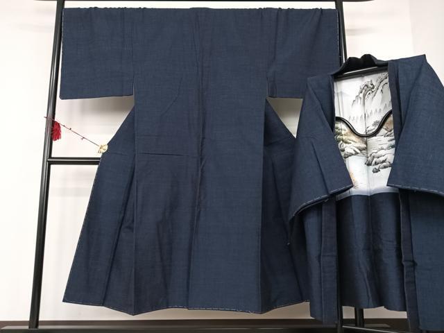 平和屋着物●男性　紬　アンサンブル　青褐色　正絹　逸品　未使用　AAAM6832ph