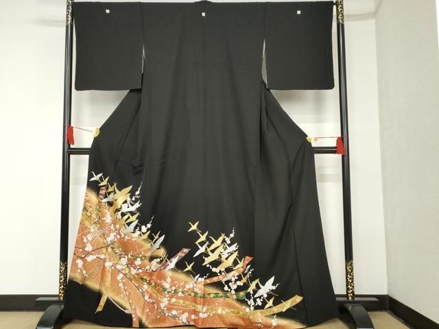 平和屋着物■豪華黒留袖　駒刺繍　束ね熨斗飛鶴花文　金彩　正絹　逸品　AAAN5499cs
