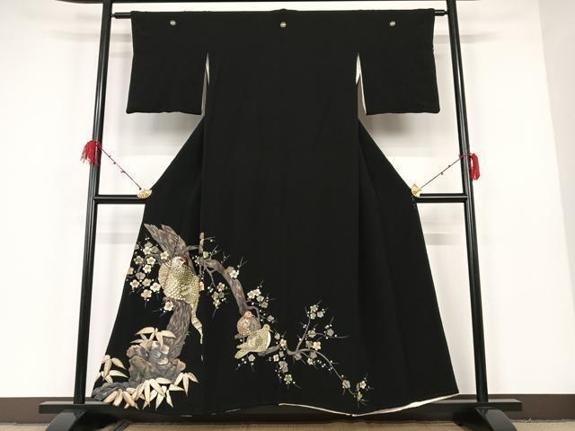平和屋着物●豪華黒留袖　刺繍　花鳥文　梅　笹　金糸　正絹　逸品　AAAM6808ph