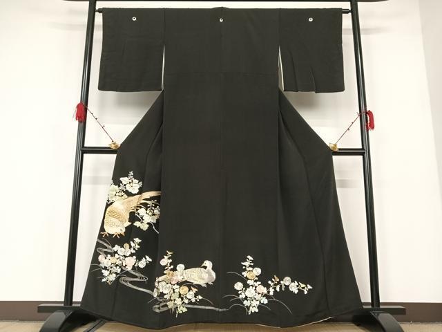 平和屋着物●豪華黒留袖　刺繍　花鳥文　金銀糸　正絹　逸品　AAAM6810ph