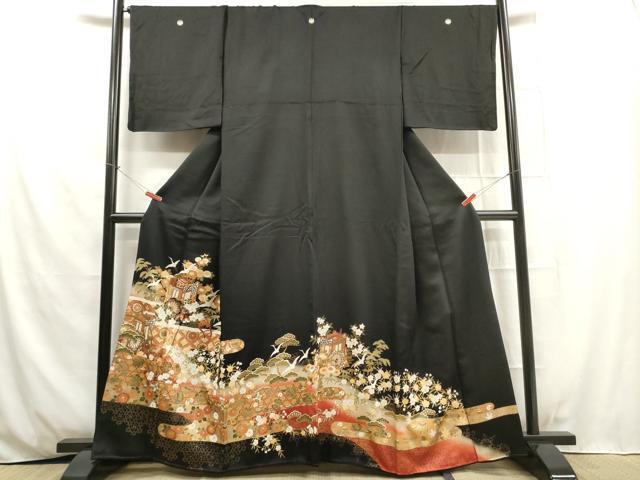 平和屋着物■豪華黒留袖　駒刺繍　御所車飛鶴花文　金彩　正絹　逸品　DAAK6054cf