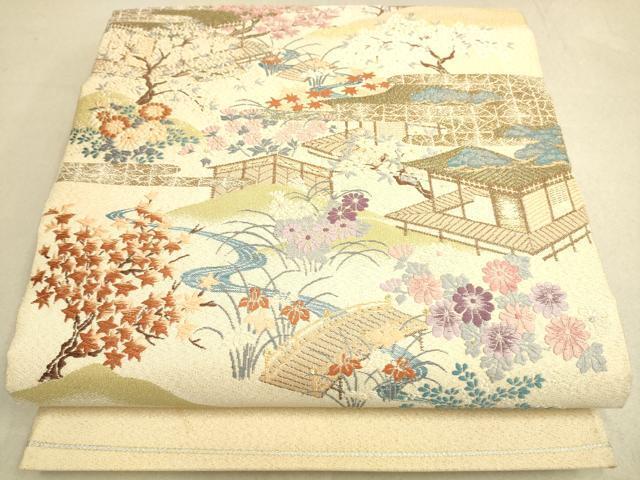 平和屋着物◎綴れ　太鼓柄袋帯　唐織　風景花文　金糸　正絹　逸品　DAAK5582re