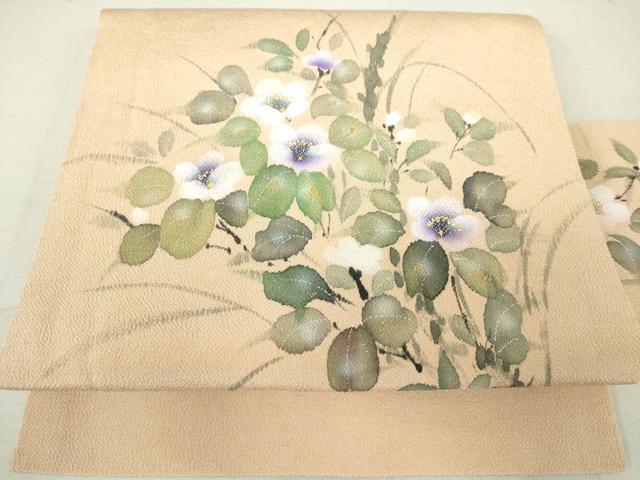 平和屋着物●九寸名古屋帯　草花文　手描き　鬼しぼ縮緬　金彩　正絹　逸品　DAAI8682az