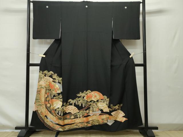 平和屋着物■豪華黒留袖　地紙重ね飛鶴松竹文　金彩　正絹　逸品　CAAJ7099gh