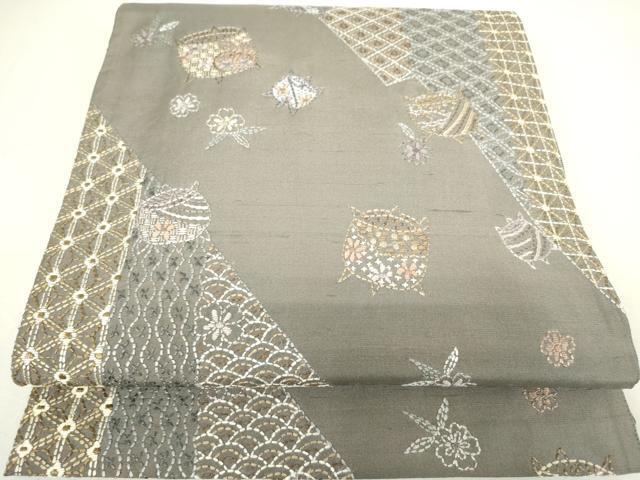 平和屋着物●袋帯　刺し子　総刺繍　糸車文　正絹　逸品　DAAI8705az