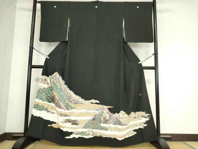 平和屋着物■豪華黒留袖　友禅　作家物　重ね山風景文　正絹　逸品　DAAI8662az