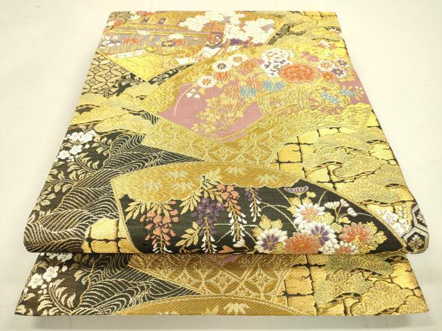 平和屋着物●六通柄袋帯　唐織　吉祥地紙花車文　金糸　正絹　逸品　DAAJ6555fe