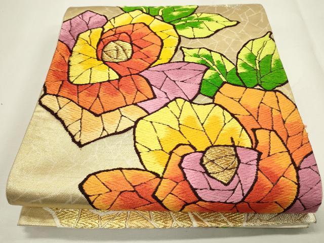 平和屋着物●六通柄袋帯　唐織　バラ　金銀糸　正絹　逸品　CAAJ9488th
