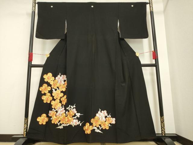 平和屋着物■豪華黒留袖　駒刺繍　枝梅文　正絹　逸品　AAAN2884ck