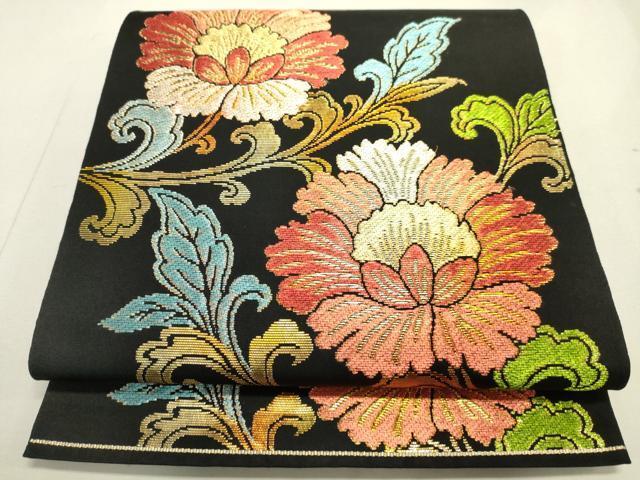 平和屋着物●六通柄　本袋帯　彩紬唐花文　黒地　金糸　正絹　逸品　DAAJ3985jm