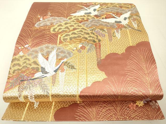 平和屋着物◎両面　六通柄袋帯　唐織　飛鶴花松文　金糸　正絹　逸品　DAAK2183zy