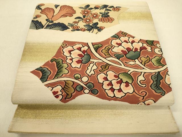 平和屋着物◎爪掻き本綴れ　両面　太鼓柄袋帯　草花文　金糸　正絹　逸品　DAAJ7648fc