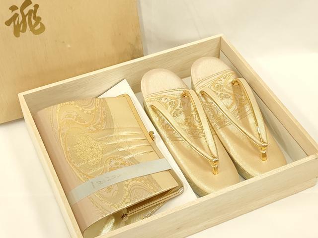 平和屋着物■和装小物　和装バッグ・草履セット　佐賀錦　ハンドバッグ　クラッチバッグ　流水花文　金糸　逸品　未使用　AAAN1367ay