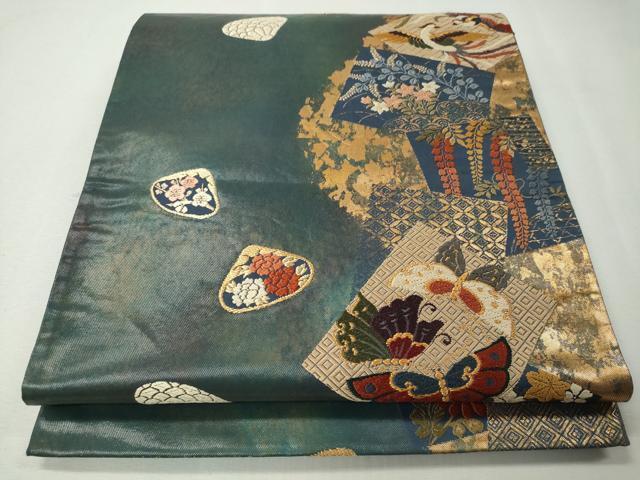 平和屋着物◎六通柄袋帯　色紙重ね貝合せ花蝶文　金彩　正絹　逸品　CAAJ8002ku