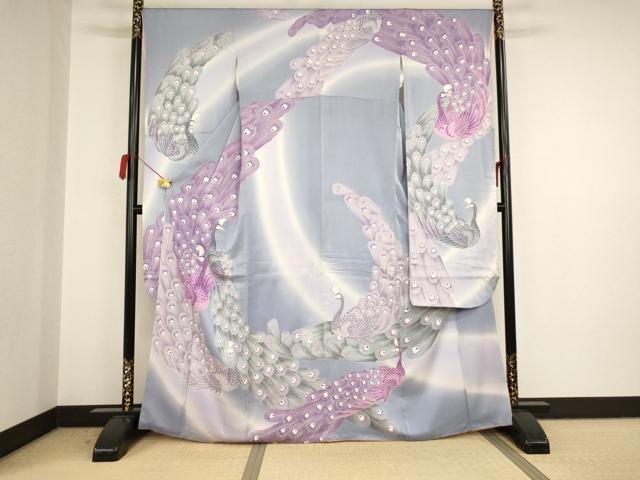 平和屋着物■豪華振袖　孔雀文　暈し染め　銀彩　正絹　逸品　AAAN1897ja