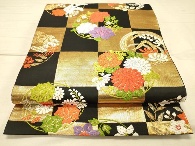 平和屋着物◎六通柄袋帯　唐織　松花丸文　黒地　金糸　正絹　逸品　DAAK2509ob