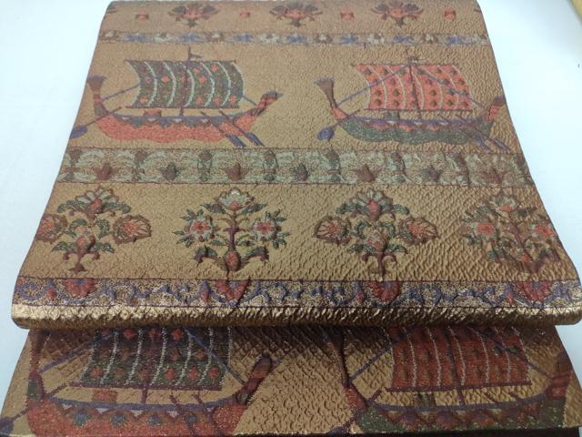 平和屋着物◎六通柄袋帯　ふくれ織　壁画文様　金糸　正絹　逸品　DAAH3979ar