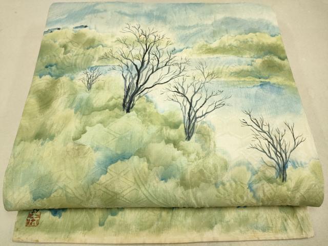 平和屋着物◎西陣　老舗　渡文謹製　手織　太鼓柄袋帯　手描き　纐纈　樹林文　証紙付き　正絹　逸品　DAAJ4483re